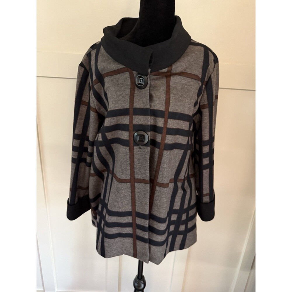 YUSHI 3/4 Sleeve Cowl Neck Top Size M Two Button Cardigan/Jacket Plaid